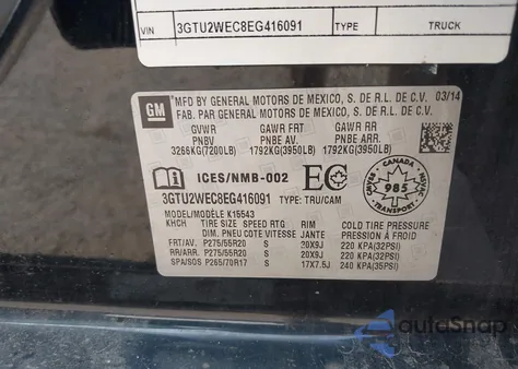 2014 GMC Sierra 1500 Denali z USA, uszkodzony, nr VIN 3GTU2WEC8EG416091